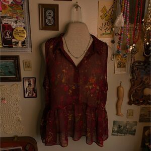 Floral Print Mesh Peplum Blouse Women's XL Burgundy Sleeveless Button Up